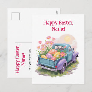 Retro Teal & Purple Truck with Easter Eggs Postcard