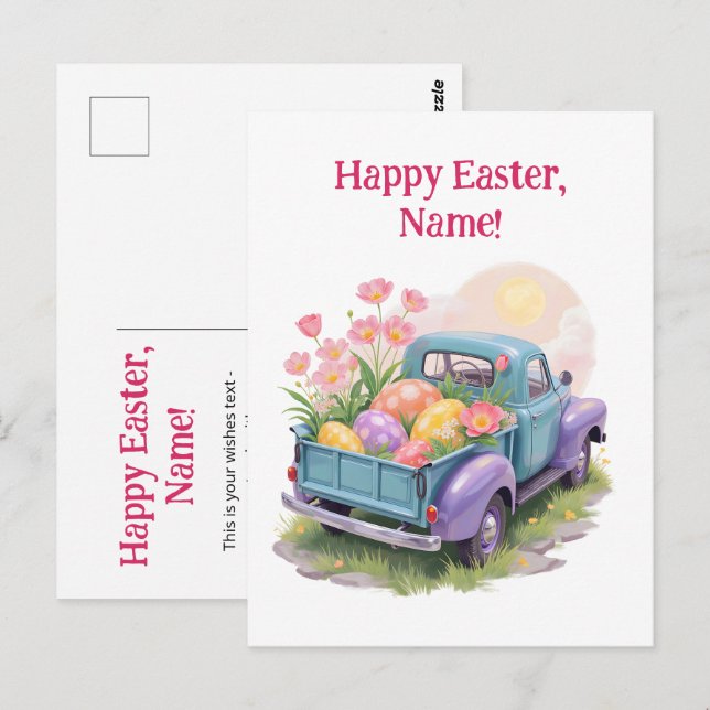 Retro Teal & Purple Truck with Easter Eggs Postcard (Front/Back)