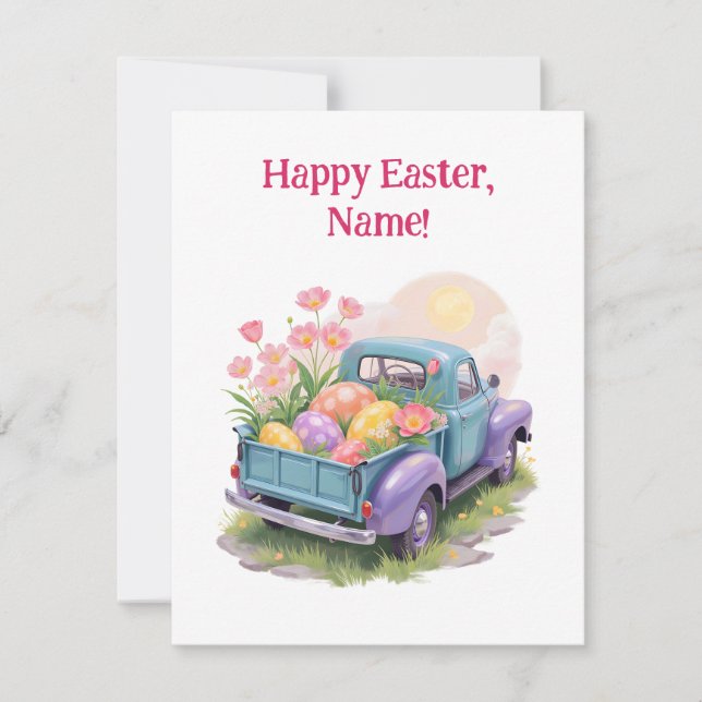 Retro Teal & Purple Truck with Easter Eggs RSVP Card (Front)