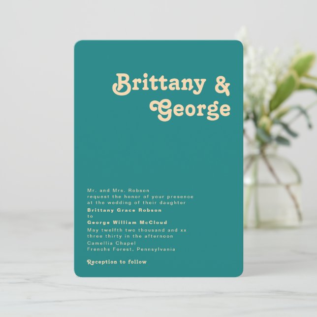 Retro Teal Rounded Corner Traditional Wedding Invitation (Standing Front)