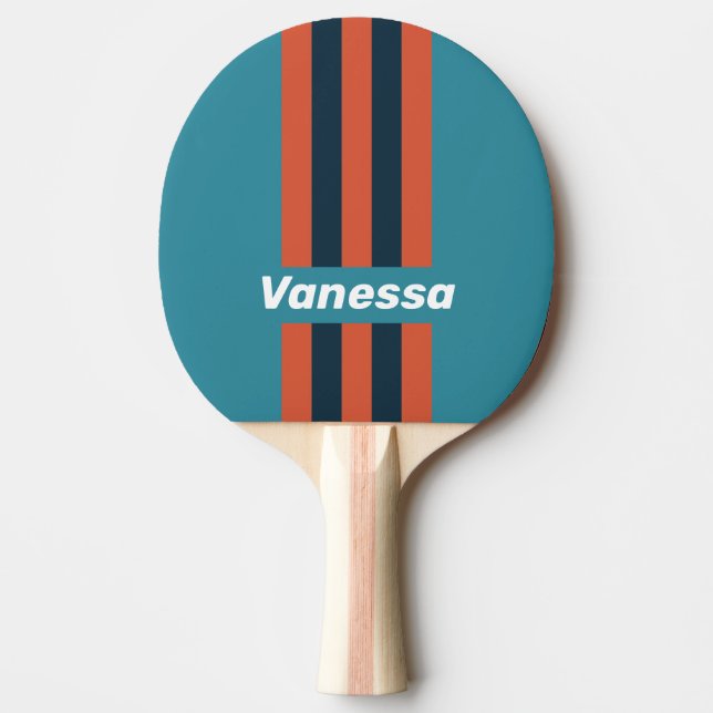 Retro Teal Splash Pin Stripes with Name Ping Pong Paddle (Front)