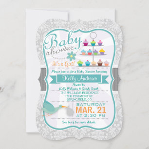 Retro Teal Stork; Light Grey Damask Baby Shower Invitation
