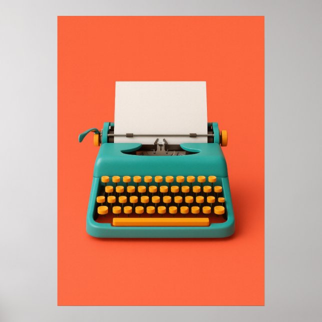 Retro Teal Typewriter on Vibrant Orange Poster (Front)