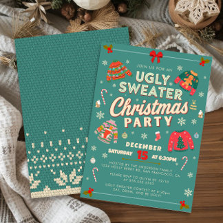 Retro Teal Ugly Sweater Christmas Party Invitation