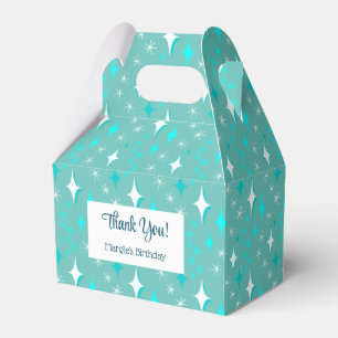 Retro Teal White Atomic Stars Editable Thank You Favour Box