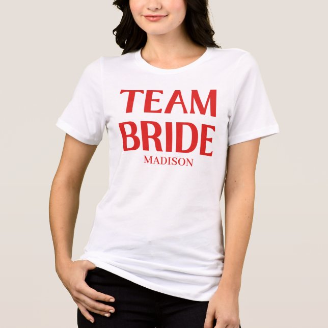 Retro Team Bride Bachelorette Red Pink Tri-Blend Shirt (Front)