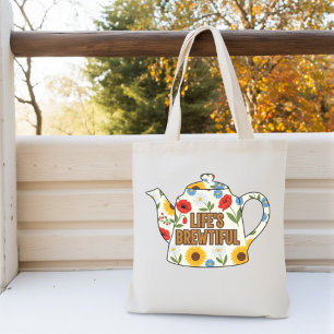 Retro teapot life's brewtiful design tote bag