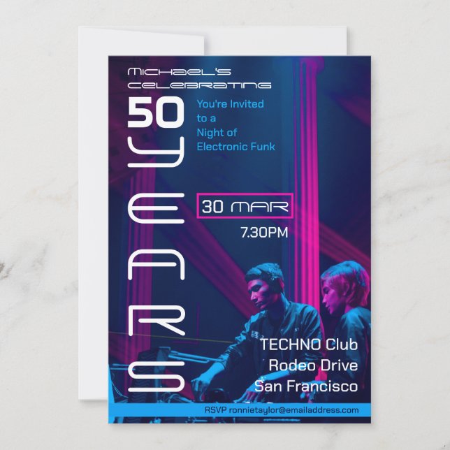 Retro Techno Music 50th Birthday Party Invitation (Front)