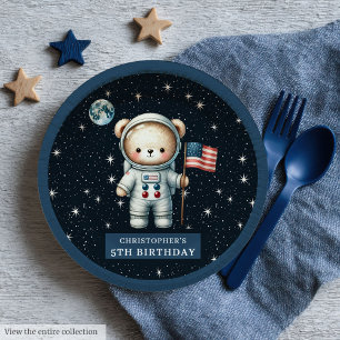Retro Teddy Bear Astronaut First Birthday Party Paper Plate