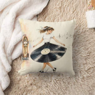 Retro Teenage Girl Dancing to the Jukebox Cushion