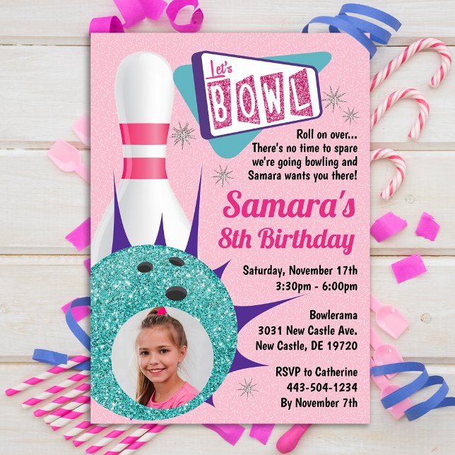 Retro Tenpin Bowling Party in Pink & Teal Photo Invitation (Creator Uploaded)