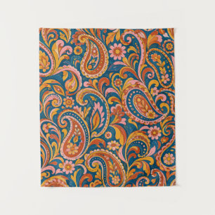 Retro Terracotta and Navy Blue Paisley Tapestry