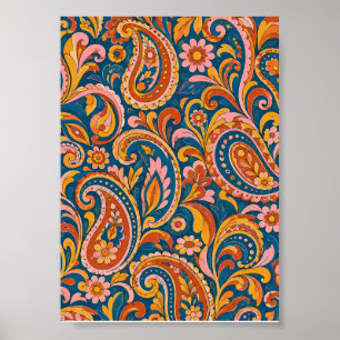 Retro Terracotta and Navy Blue Seamless Paisley Po Poster