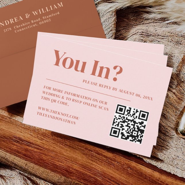 Retro Terracotta & Blush Wedding Website QR Code Enclosure Card (Creator Uploaded)