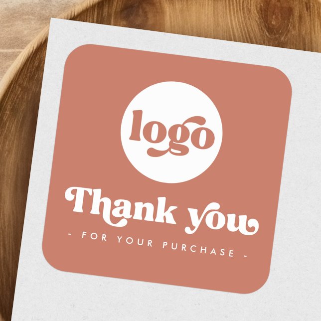 Retro terracotta brown add logo business thank you square sticker (Retro terracotta brown add logo business thank you square sticker)