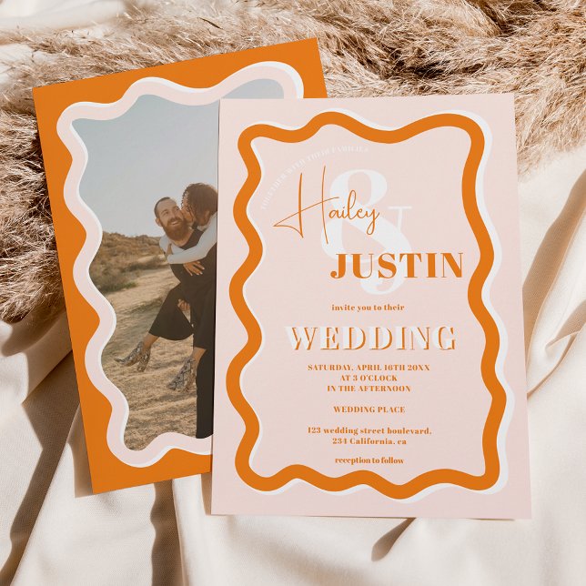 Retro terracotta curve squiggle wavy wedding photo invitation (Creator Uploaded)