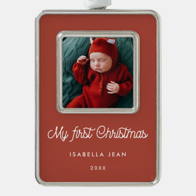 Retro Terracotta My First Christmas Baby Photo Silver Plated Framed Ornament (Front)