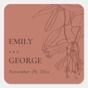 RETRO TERRACOTTA RUST LINE DRAWING FLORAL WEDDING SQUARE STICKER