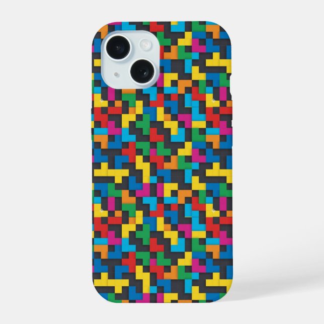 Retro Tetris Blocks Seamless Pattern iPhone 15 Case (Back)