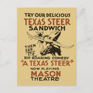Retro Texas Steer Sandwich and theatre play ad Postcard