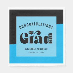 Retro Text Light Bright Blue and Black Graduation Napkin