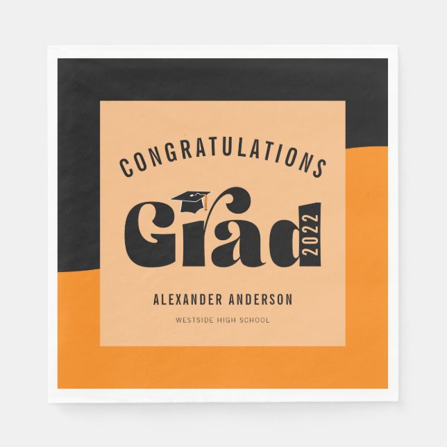 Retro Text Light Orange and Black Graduation Napkin (Front)