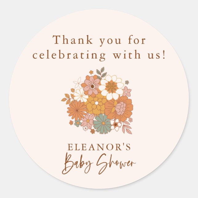 Retro Thank You Boho Floral Baby Shower Classic Round Sticker (Front)