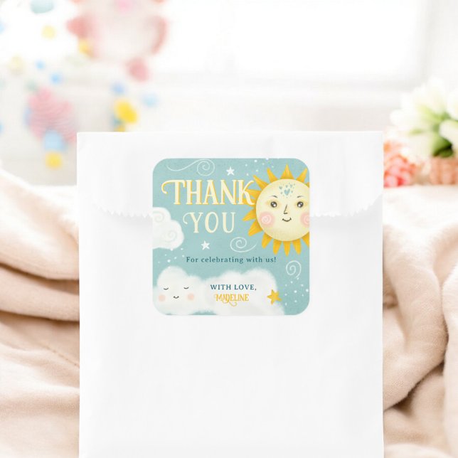 Retro Thank you Sun and Clouds baby shower Square Sticker (Retro Thank you Sun and Clouds baby shower Square Sticker)