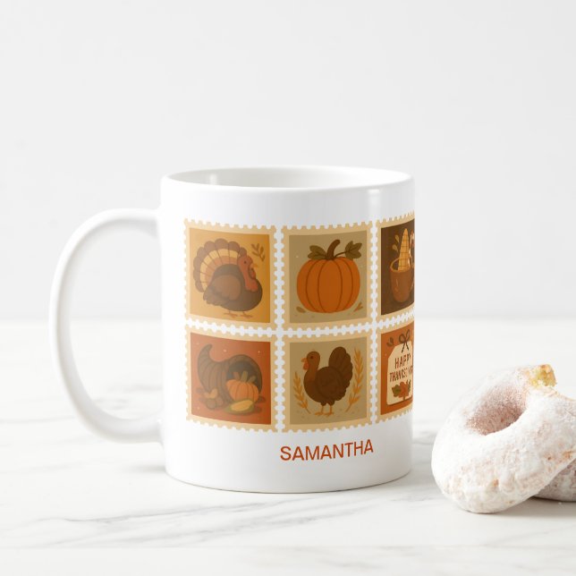 Retro Thanksgiving Stamp Collage Personalised Coffee Mug (With Donut)