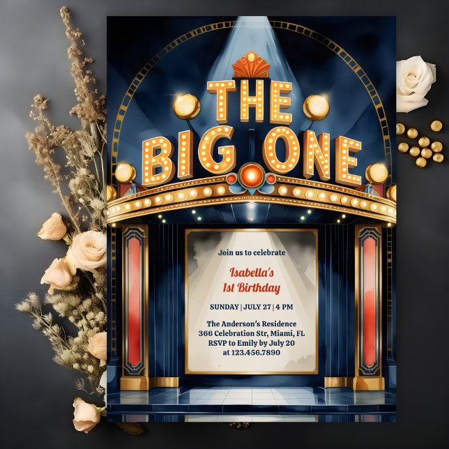 Retro The Big One Hollywood Theatre 1st Birthday Invitation (The Big ONE First Birthday Invitation Theatre Marquee Hollywood Theme Invitation)