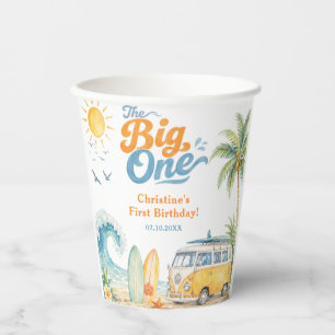 Retro The Big One Surf Beach 1st Birthday Paper Cups