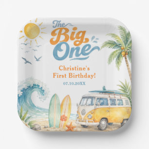 Retro The Big One Surf Beach 1st Birthday Paper Plate