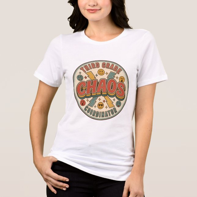 Retro Third Grade Chaos Coordinator Teacher Tri-Blend Shirt (Front)
