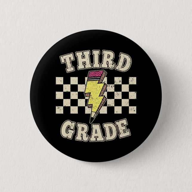 Retro Third Grade Teacher Lightning Bolt Pencil Te 6 Cm Round Badge (Front)