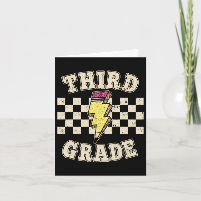Retro Third Grade Teacher Lightning Bolt Pencil Te Card (Front)
