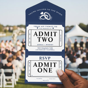 Retro Ticket Stub Admit Two White & Blue Wedding All In One Invitation