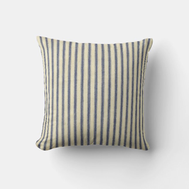 Retro Ticking Blue & White Striped Vintage French Cushion (Front)