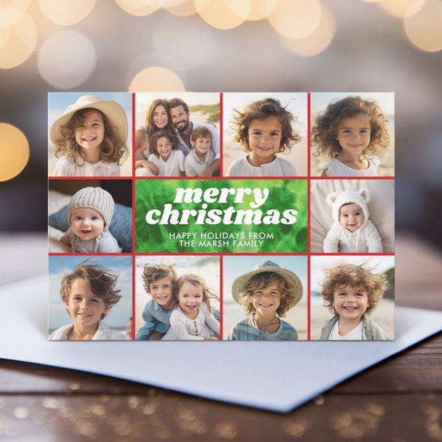 Retro Tie-Dye Red Green - Photo Border - Christmas Holiday Card (A funky tie dye design with 10 Christmas photos. Online and download options available.)