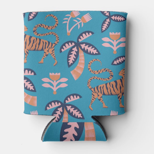 Retro tiger, palm tree, flower pattern can cooler (Front)