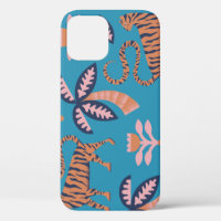 Retro tiger, palm tree, flower pattern