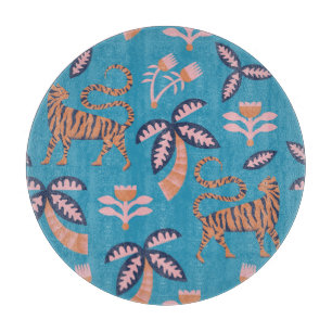 Retro tiger, palm tree, flower pattern cutting board