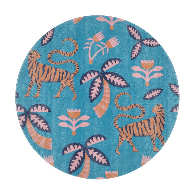 Retro tiger, palm tree, flower pattern cutting board (Front)