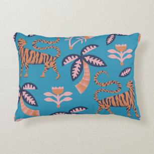 Retro tiger, palm tree, flower pattern decorative cushion