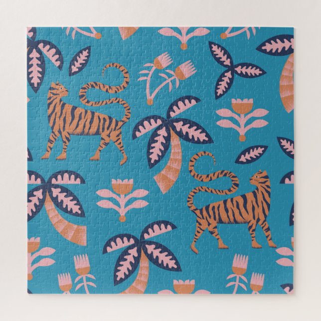 Retro tiger, palm tree, flower pattern jigsaw puzzle (Vertical)