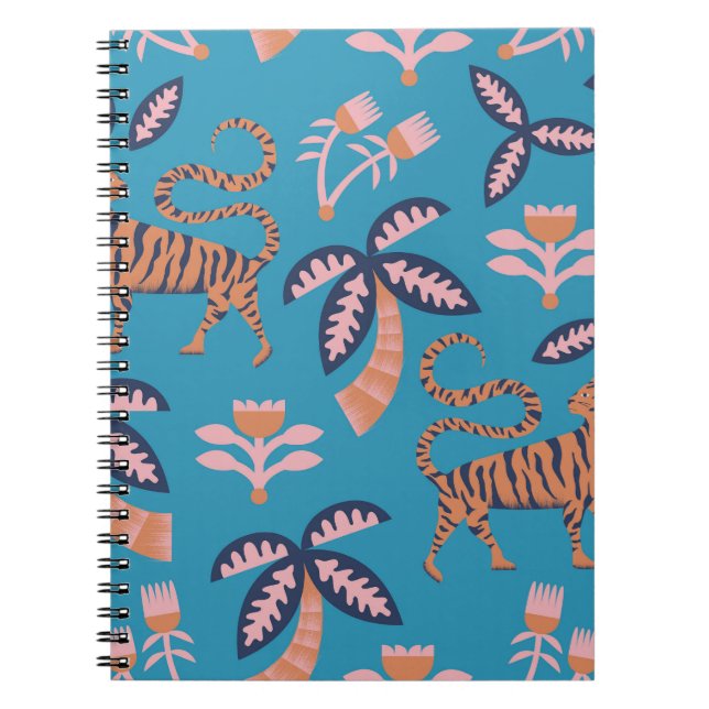Retro tiger, palm tree, flower pattern notebook (Front)