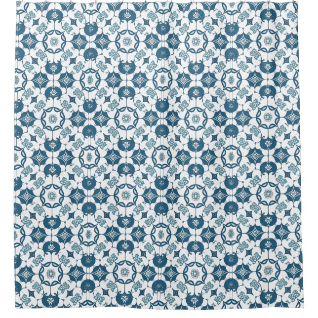 Retro Tile Effect Geometric Patterned Blue White Shower Curtain (Front)