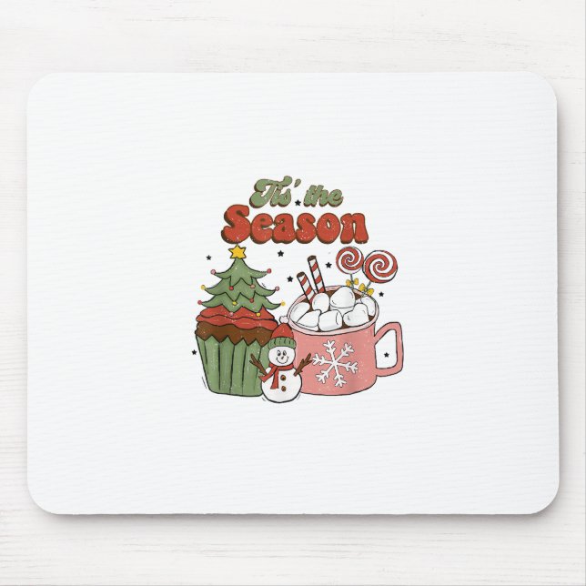 Retro Tis The Season Christmas Tree Coffee Snowman Mouse Pad (Front)