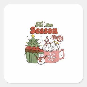 Retro Tis The Season Christmas Tree Coffee Snowman Square Sticker