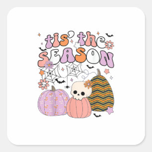 Retro Tis The Season Pumpkin Halloween Skull Spook Square Sticker