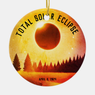 Retro Total solar eclipse April 8, 2024 landscape Ceramic Tree Decoration